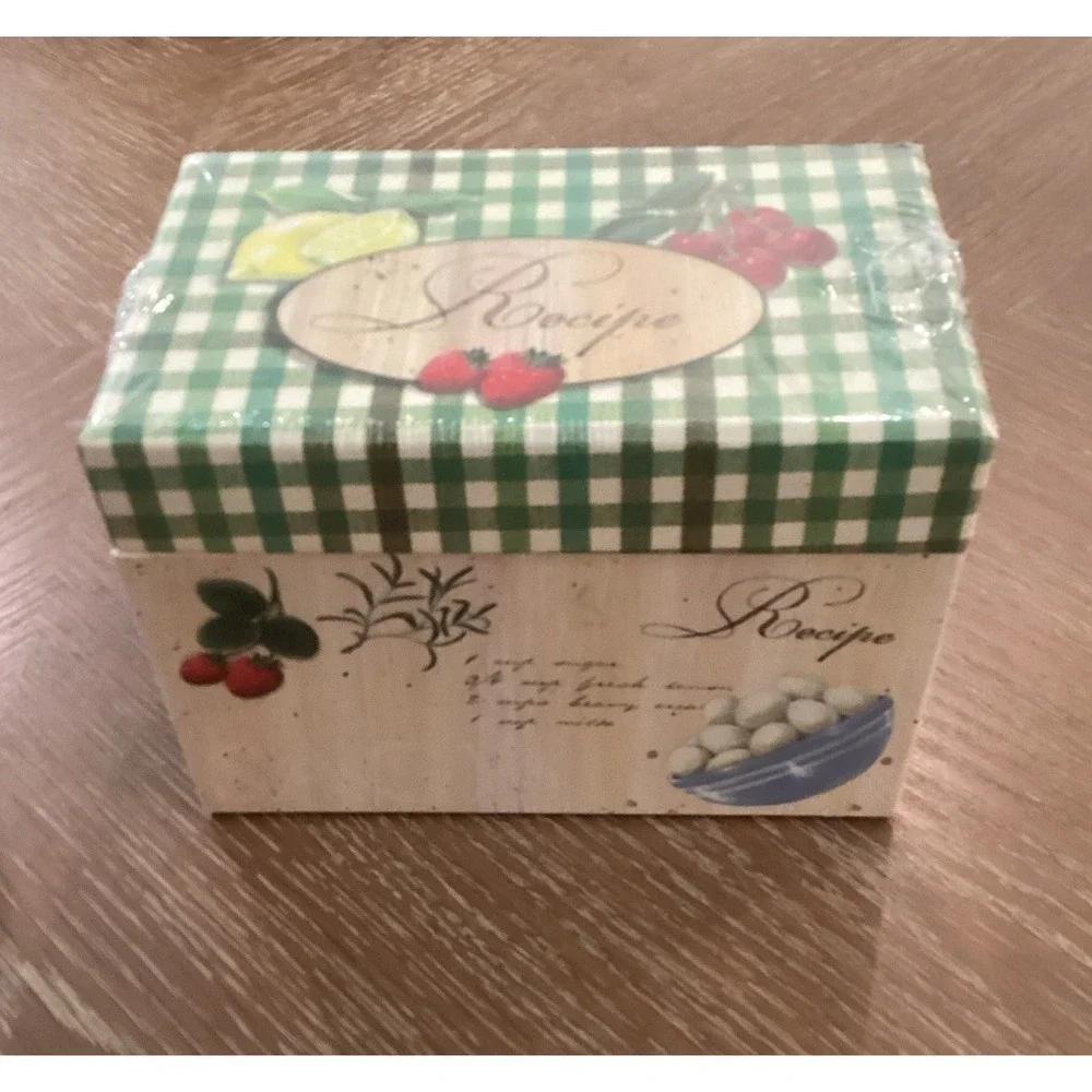 Recipe Box Green Martin Design Fruit Veg Gingham Check Lemon Cherry NEW Vintage